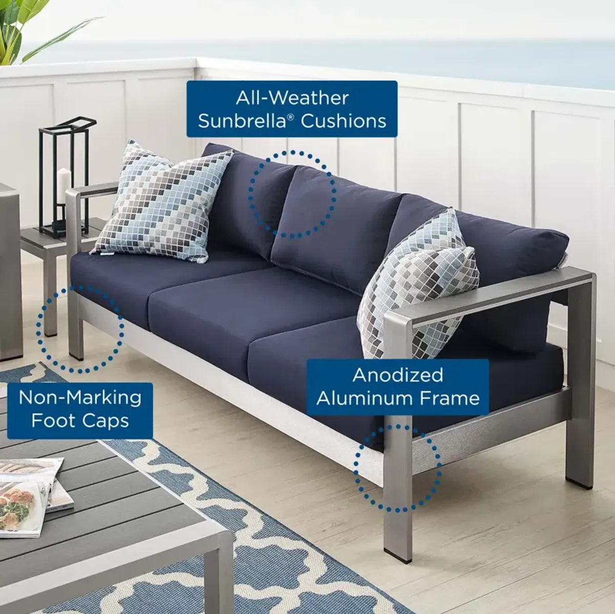 Shore Sunbrella® Fabric Aluminum Outdoor Patio Sofa