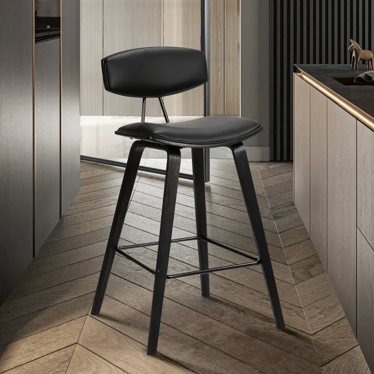 Fox 25.5" Counter Height Black Faux Leather and Black Wood Mid-Century Modern Bar Stool