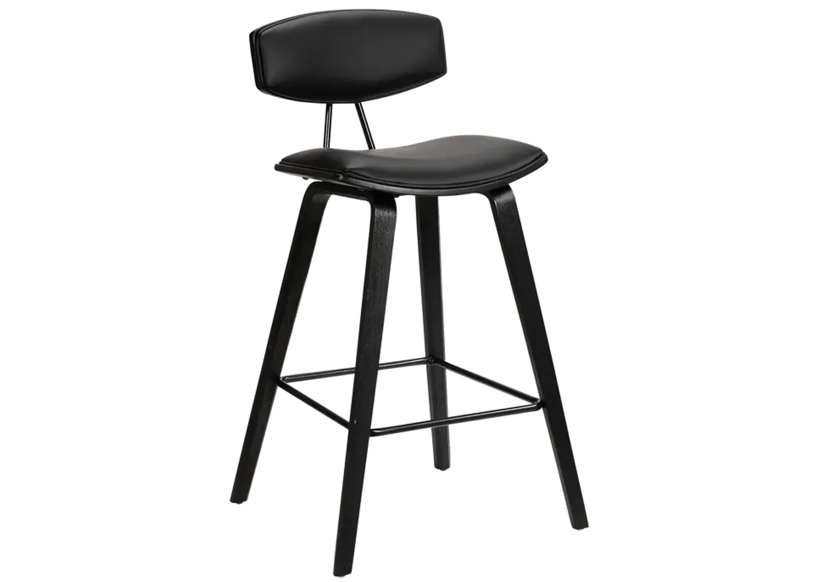 Fox 25.5" Counter Height Black Faux Leather and Black Wood Mid-Century Modern Bar Stool