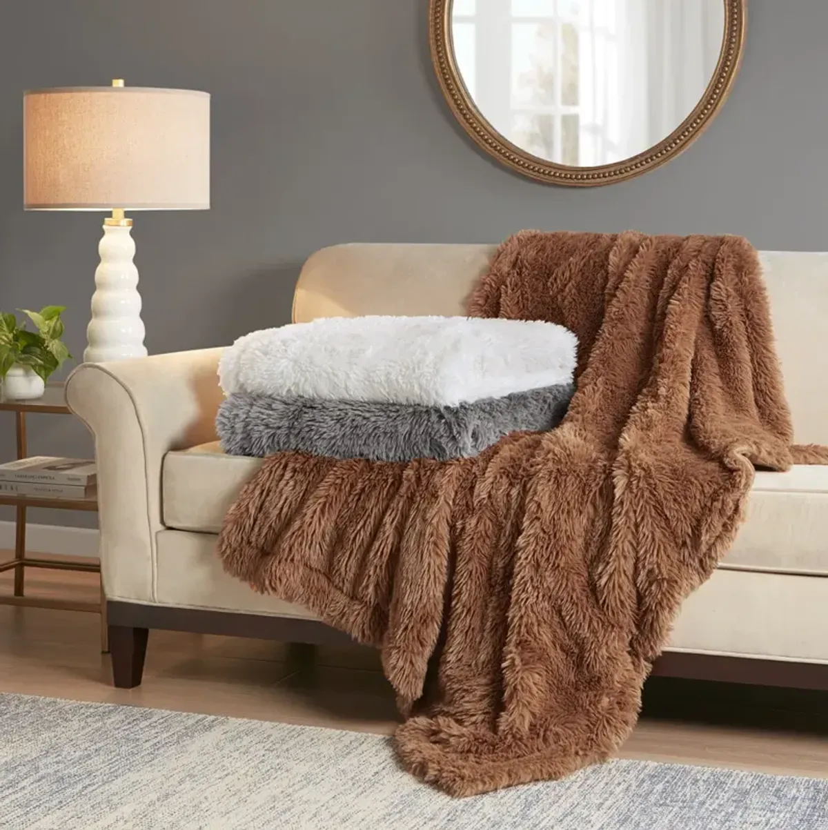 Madison Park Haven Ivory Faux Fur Throw 50x60"