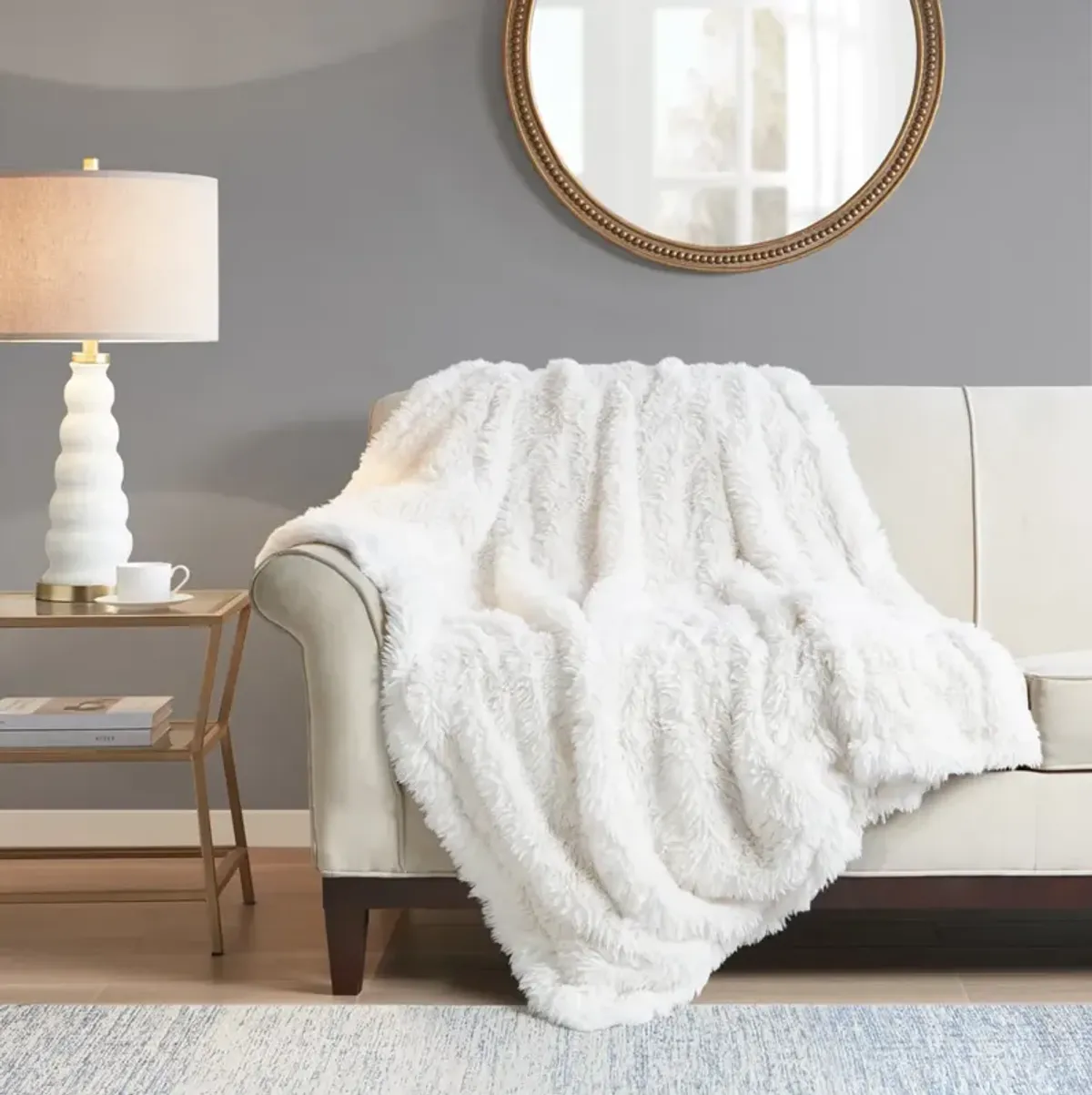 Madison Park Haven Ivory Faux Fur Throw 50x60"