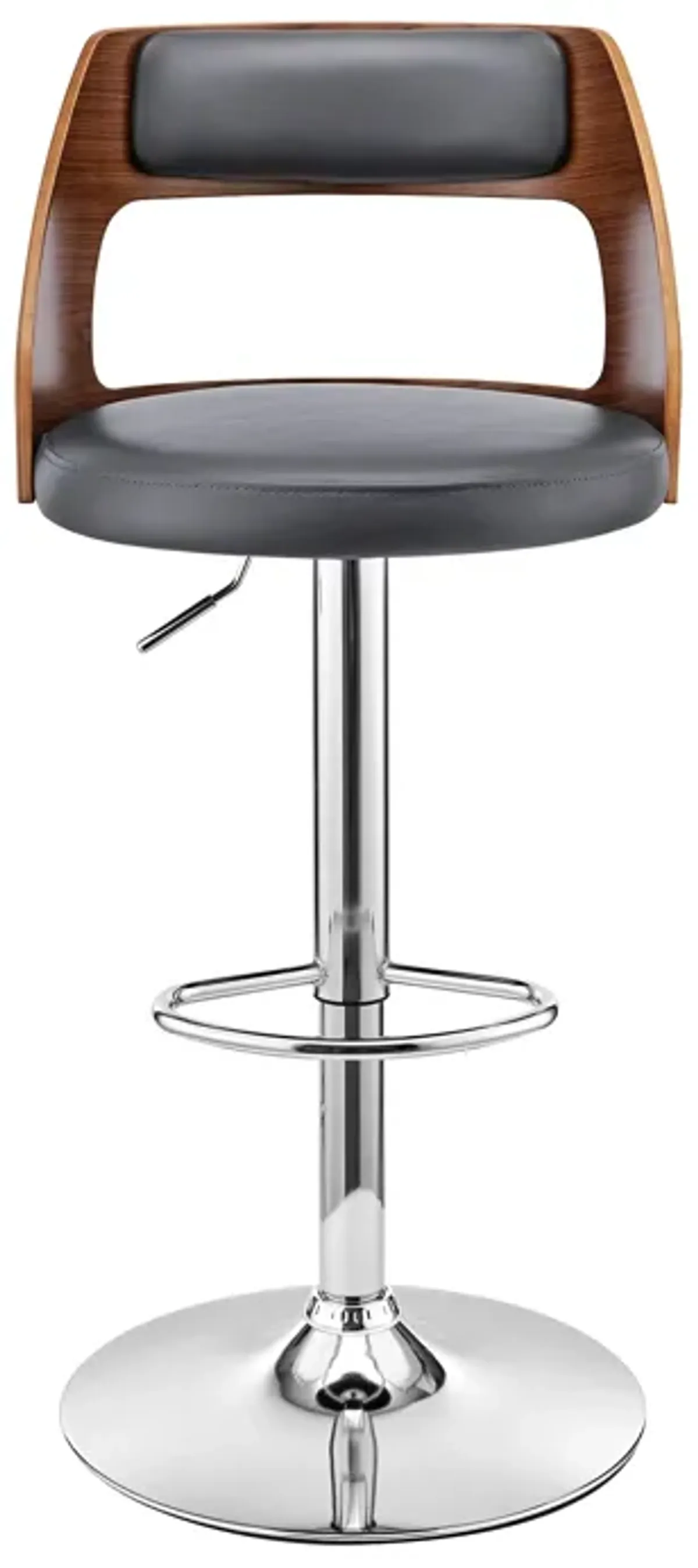 Itzan Adjustable Swivel Grey Faux Leather and Walnut Wood Bar Stool with Chrome Base