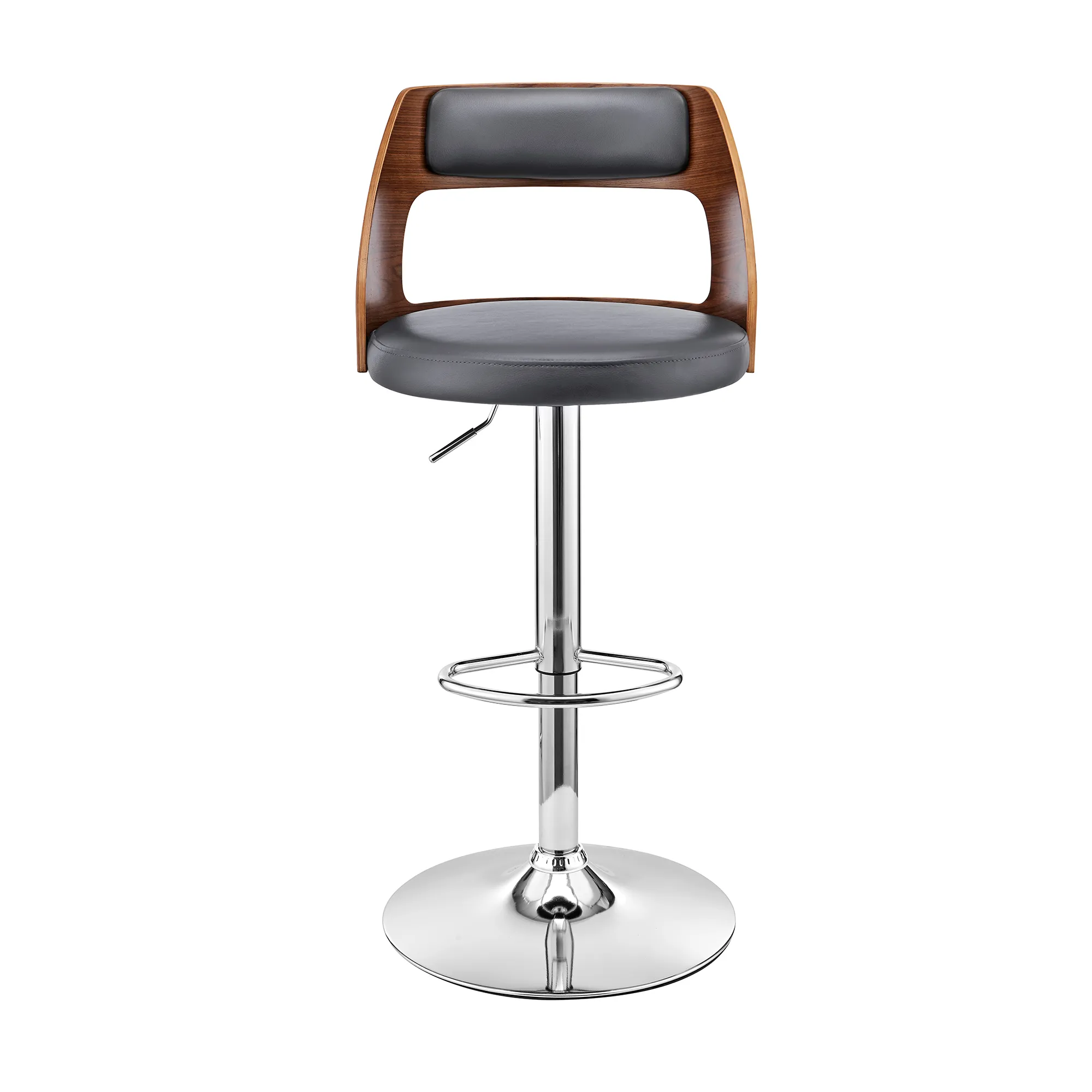 Itzan Adjustable Swivel Grey Faux Leather and Walnut Wood Bar Stool with Chrome Base