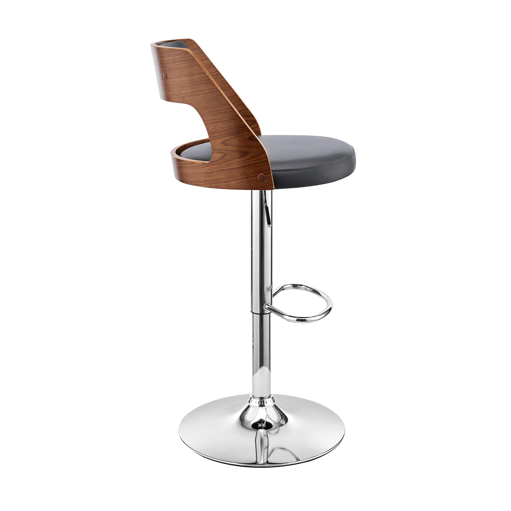 Itzan Adjustable Swivel Grey Faux Leather and Walnut Wood Bar Stool with Chrome Base