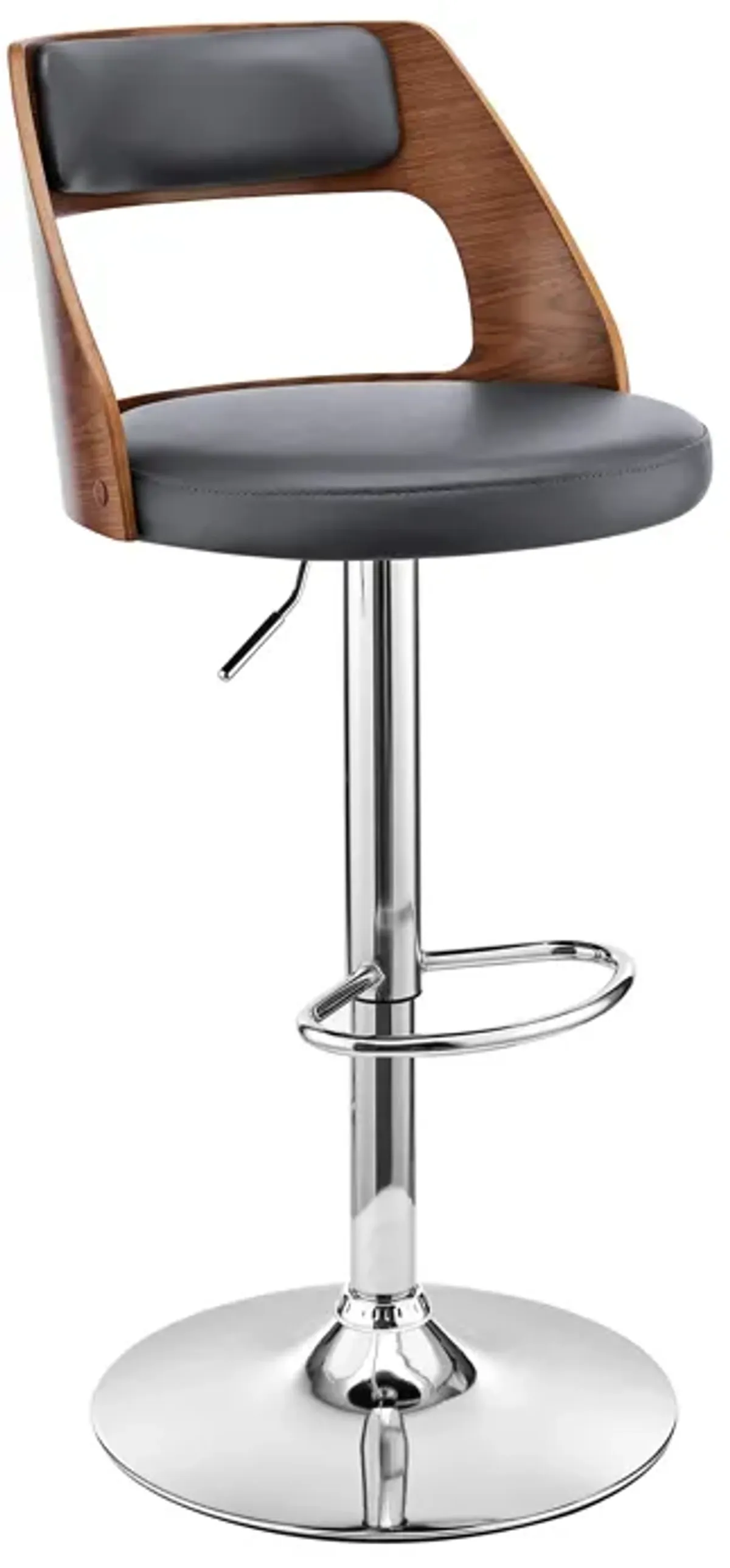 Itzan Adjustable Swivel Grey Faux Leather and Walnut Wood Bar Stool with Chrome Base