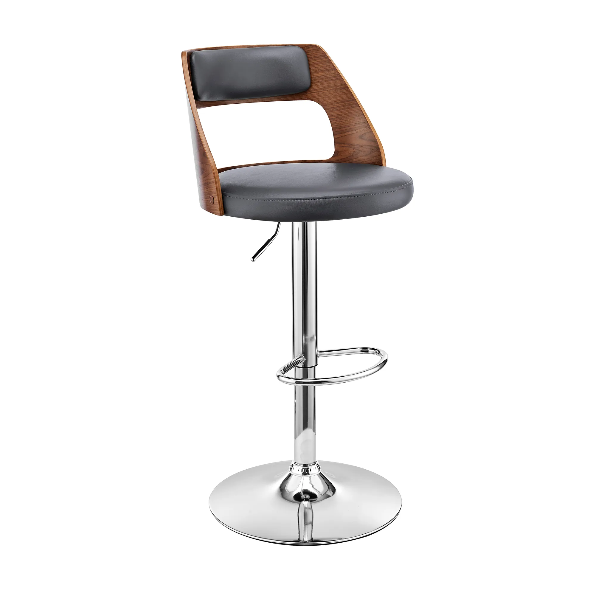 Itzan Adjustable Swivel Grey Faux Leather and Walnut Wood Bar Stool with Chrome Base