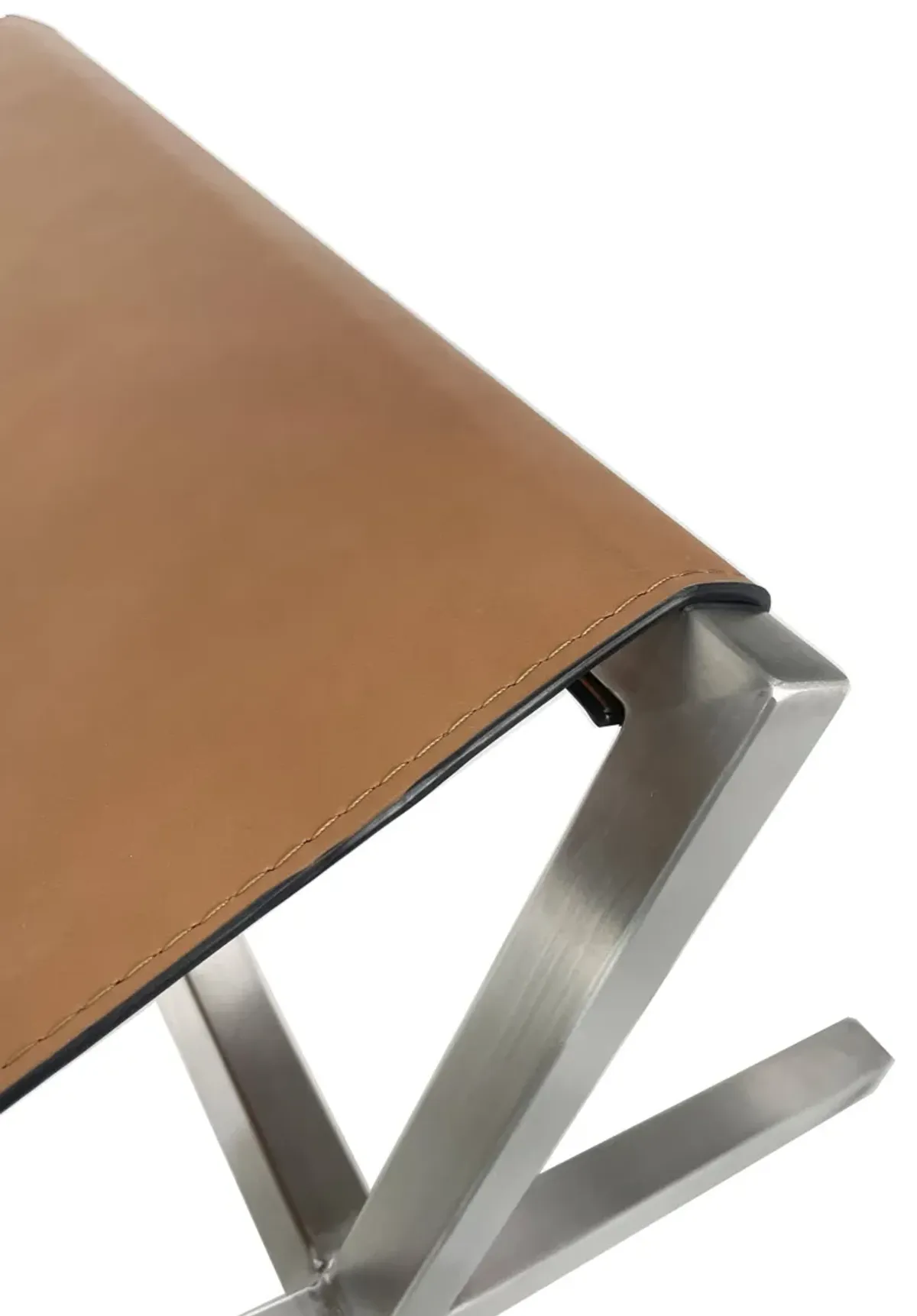 One Modern Coastal Director's Style Leather Dining Bench in Cognac and Brushed Stainless Steel