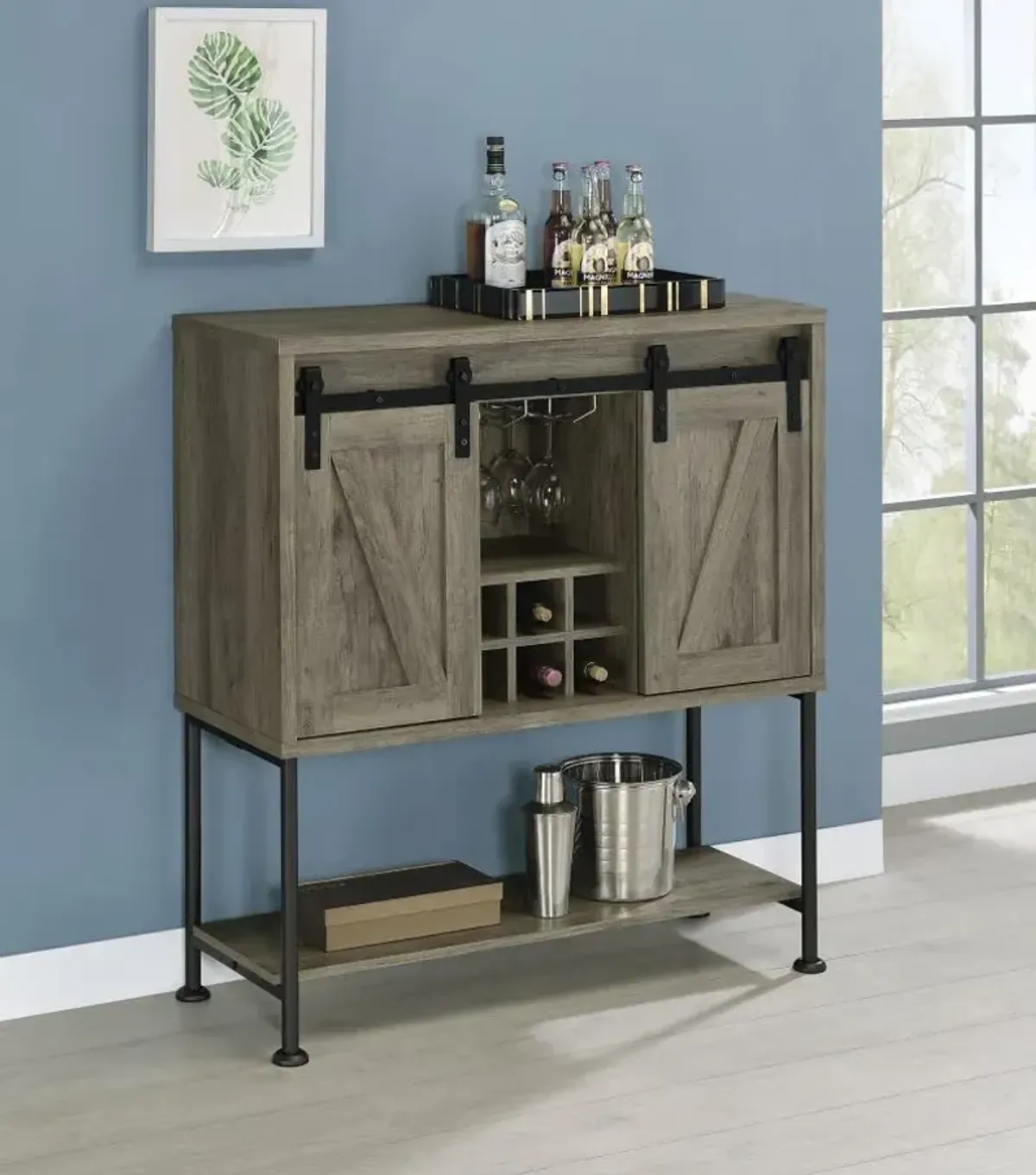 Claremont Sliding Door Bar Cabinet with Lower Shelf Grey Driftwood