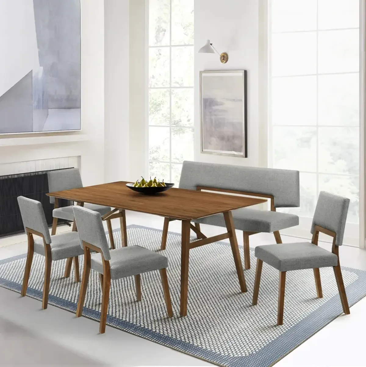 Channell Wood Dining Bench in Walnut Finish with Charcoal Fabric