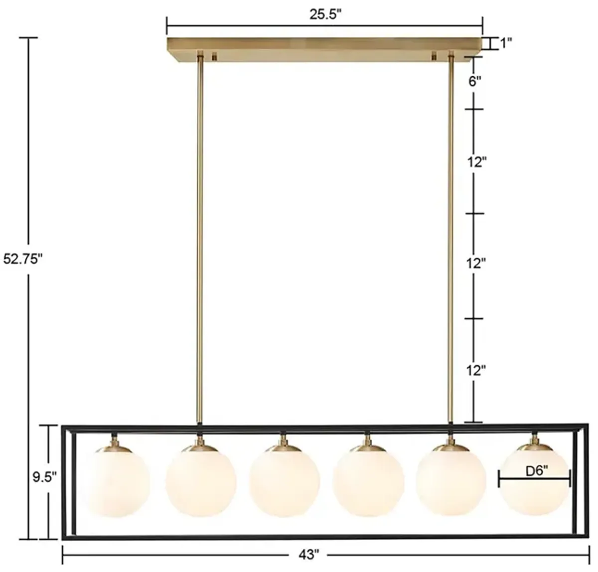 INK+IVY Helena Antique Brass/Black 6-Light Frosted Glass Globe Linear Chandelier