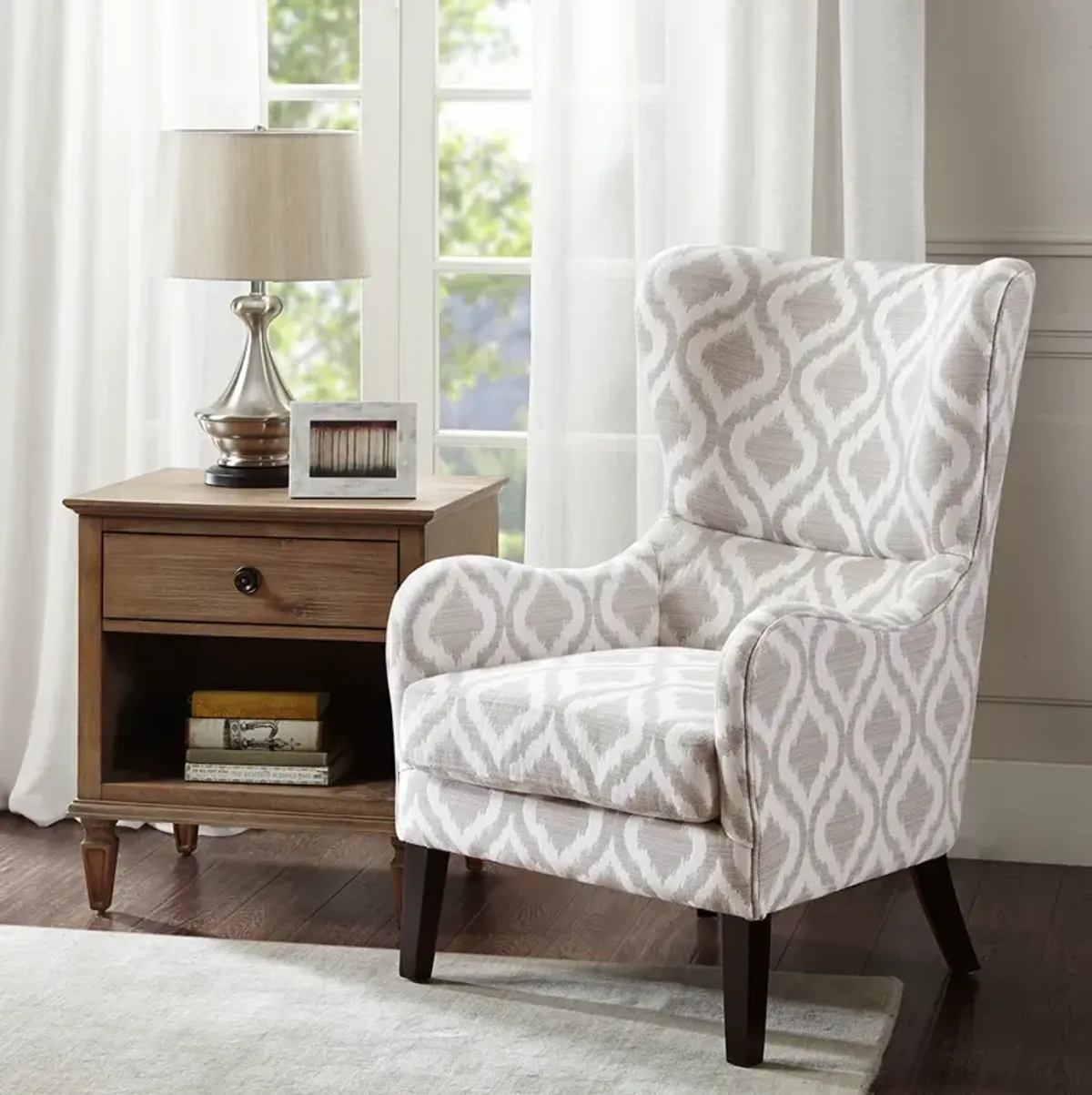 Madison Park Arianna Grey/White Swoop Wing Chair