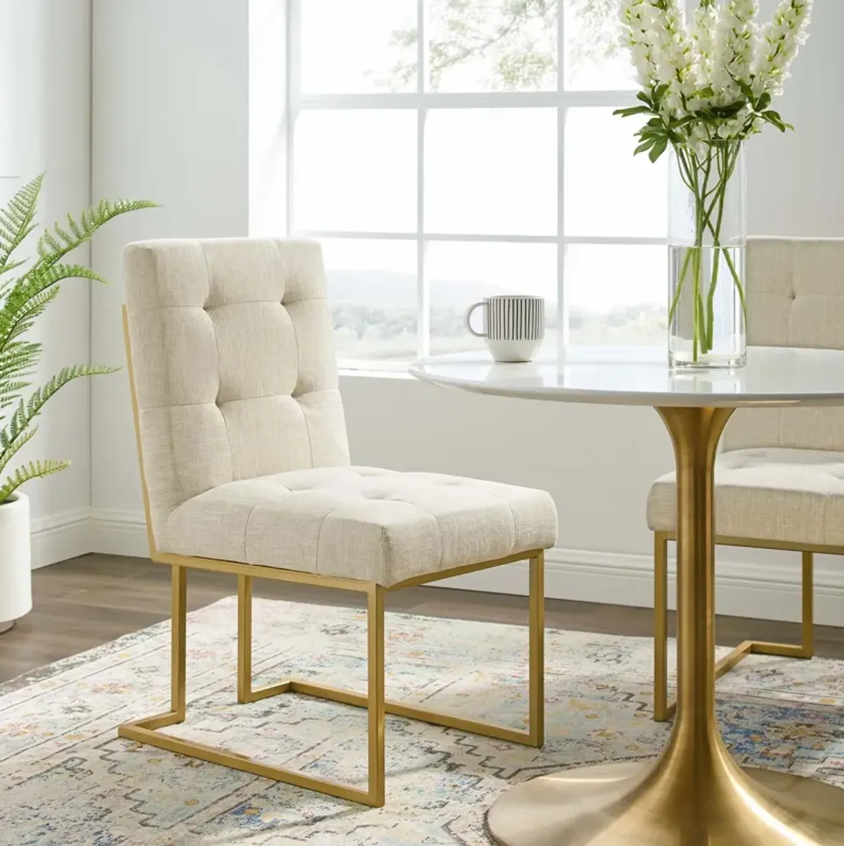 Privy Gold Stainless Steel Upholstered Fabric Dining Accent Chair