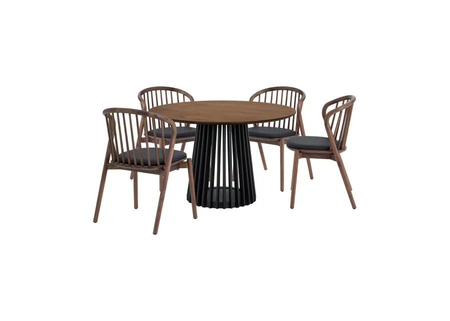 Pasadena Echo 5 Piece Round Dining Set with Walnut and Black Finish Table and Walnut Finish Chairs