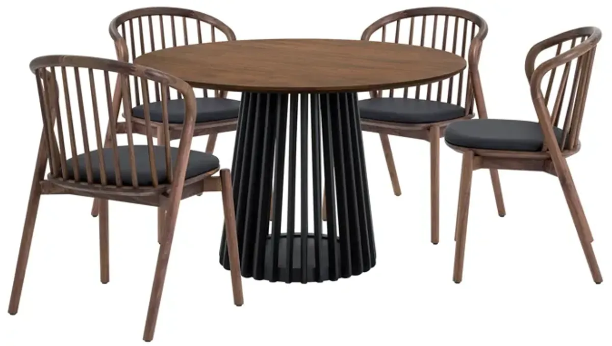 Pasadena Echo 5 Piece Round Dining Set with Walnut and Black Finish Table and Walnut Finish Chairs