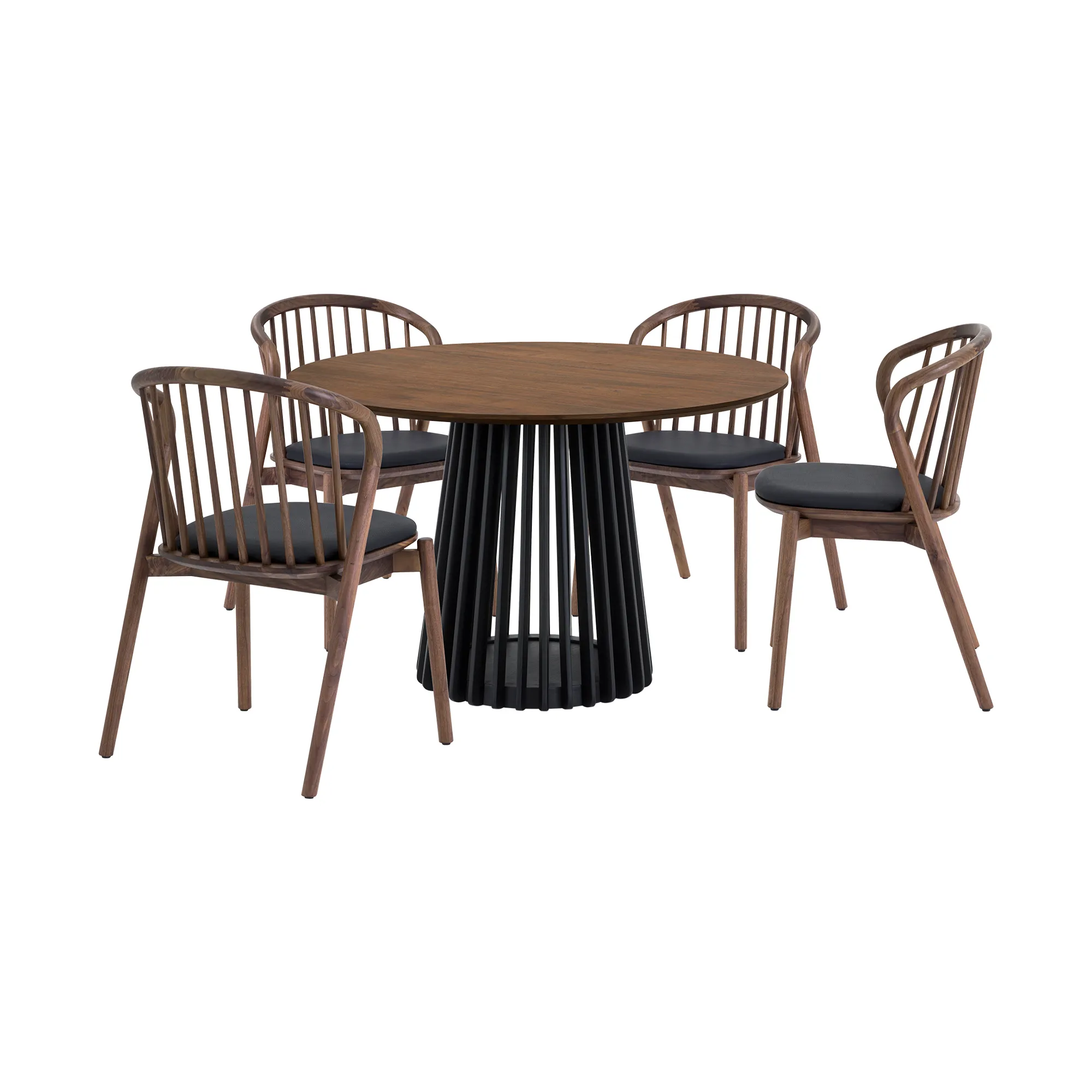 Pasadena Echo 5 Piece Round Dining Set with Walnut and Black Finish Table and Walnut Finish Chairs