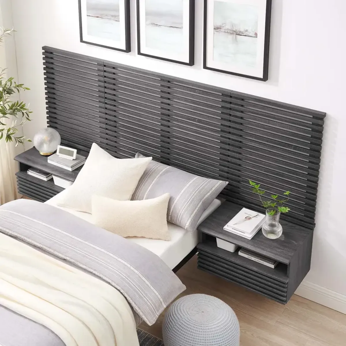 Render Wall Mount Twin Headboard and Modern Nightstands