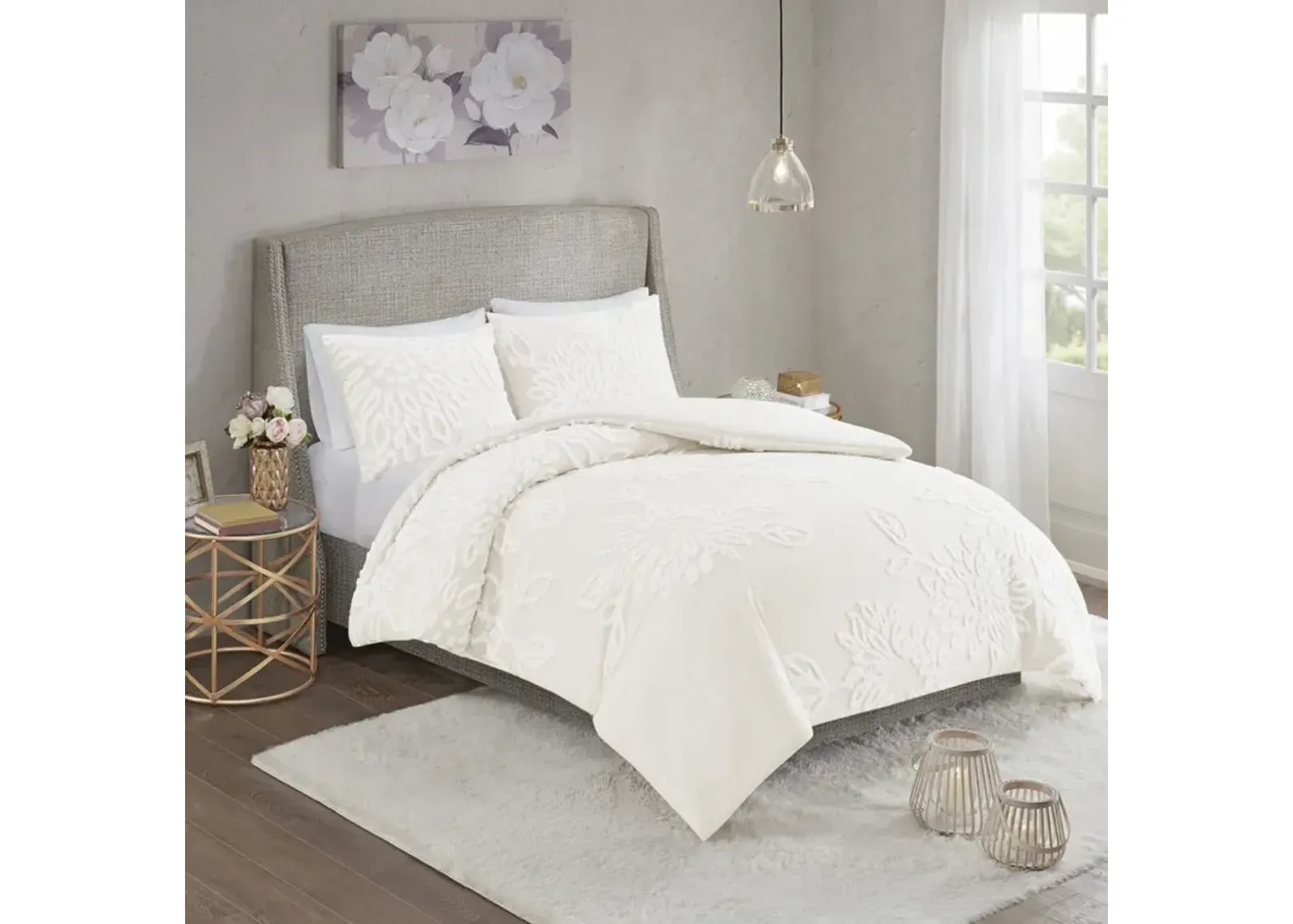 Madison Park Veronica Off-White 3 Piece Tufted Cotton Chenille Floral Comforter Set