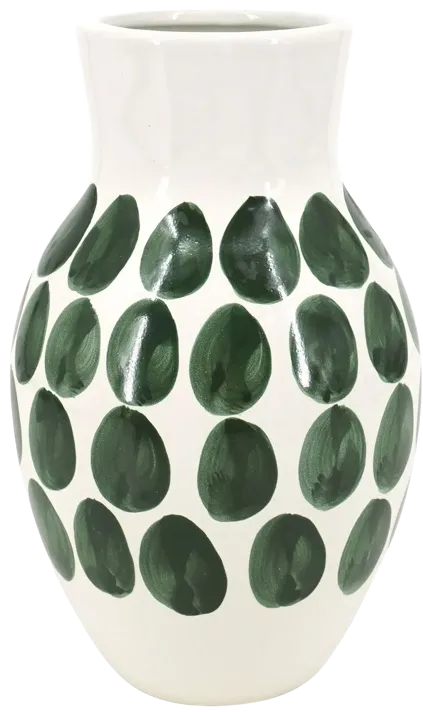 Cer, 10"h Forest Green Polk-a-dot Flower Vase,wht