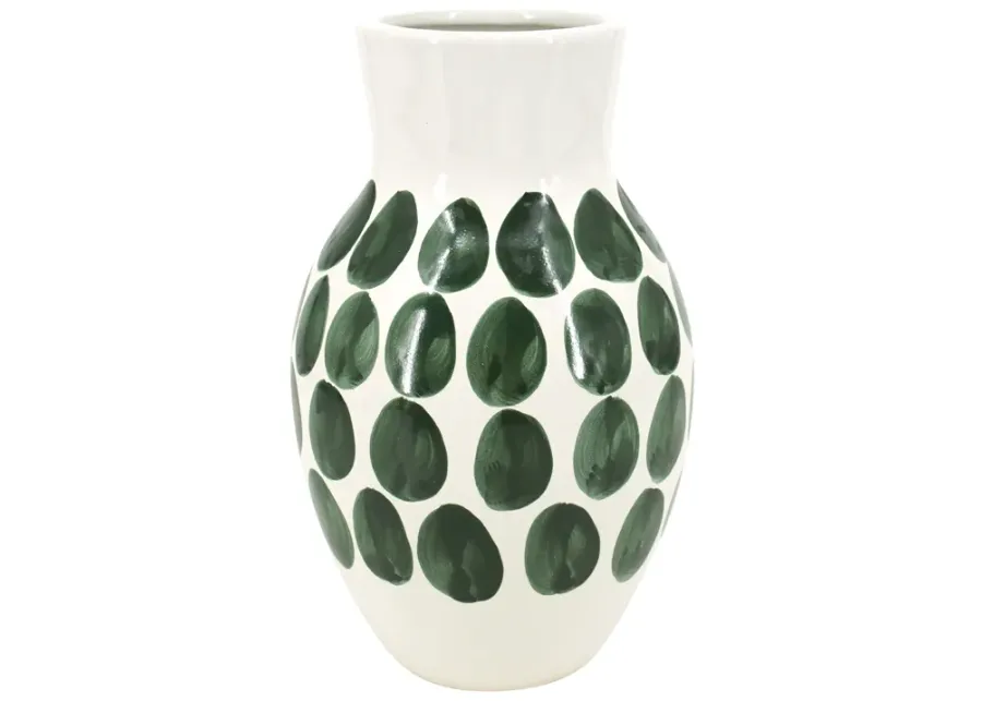 Cer, 10"h Forest Green Polk-a-dot Flower Vase,wht