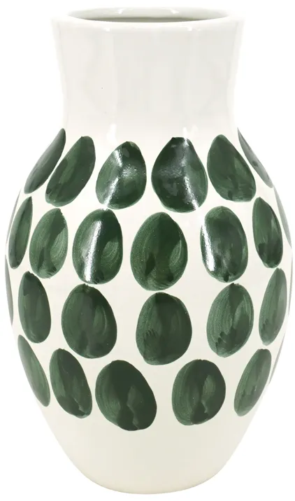 Cer, 10"h Forest Green Polk-a-dot Flower Vase,wht