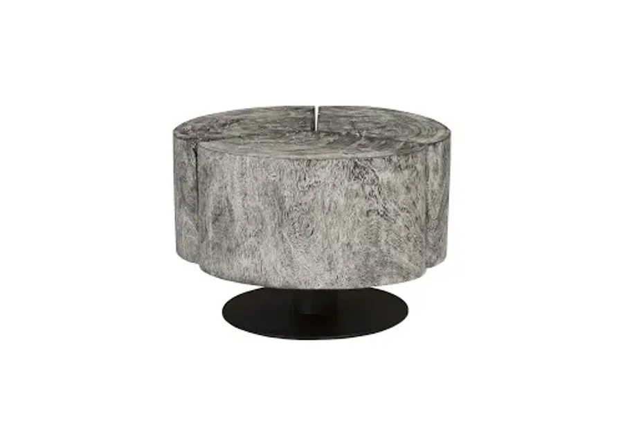 clover coffee table, chamcha wood, gray stone finish, metal base