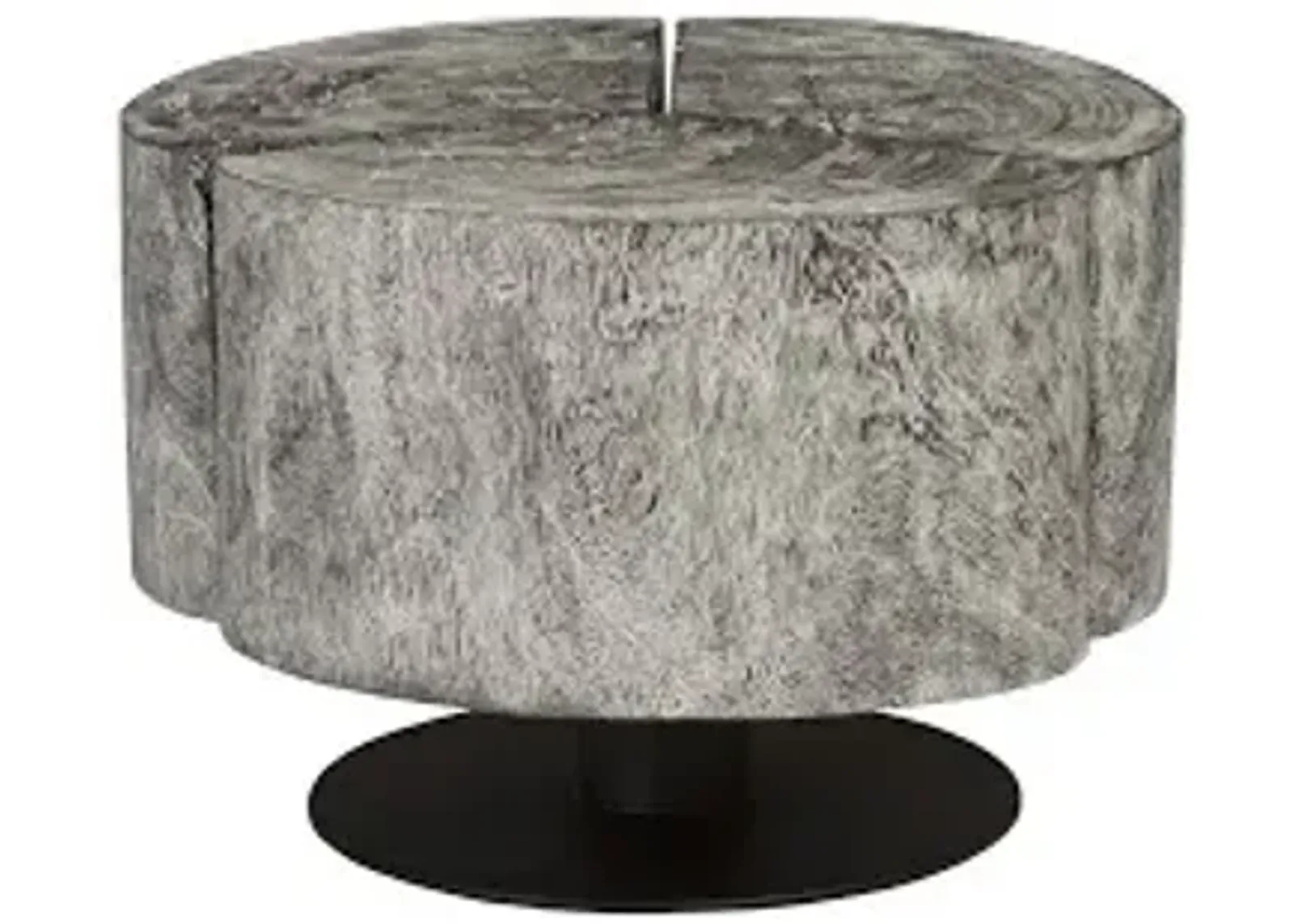 clover coffee table, chamcha wood, gray stone finish, metal base