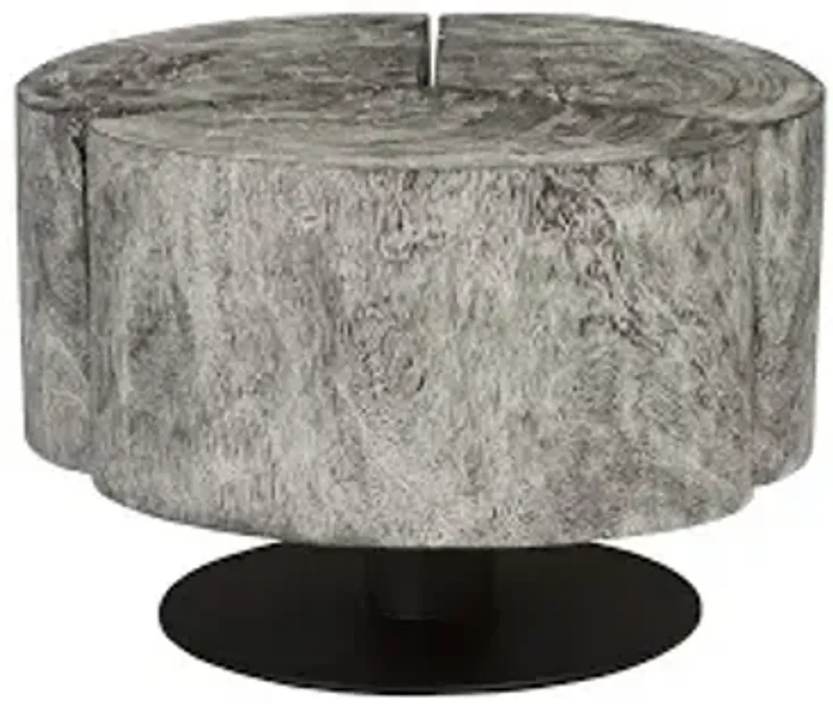 clover coffee table, chamcha wood, gray stone finish, metal base