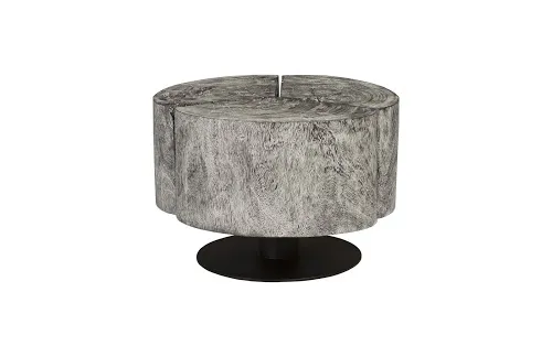 clover coffee table, chamcha wood, gray stone finish, metal base