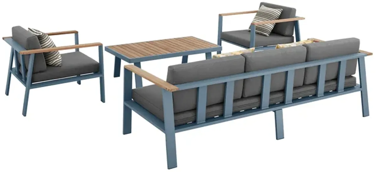 Nofi 4 piece Outdoor Patio Set in Gray Finish with Gray Cushions and Teak Wood 