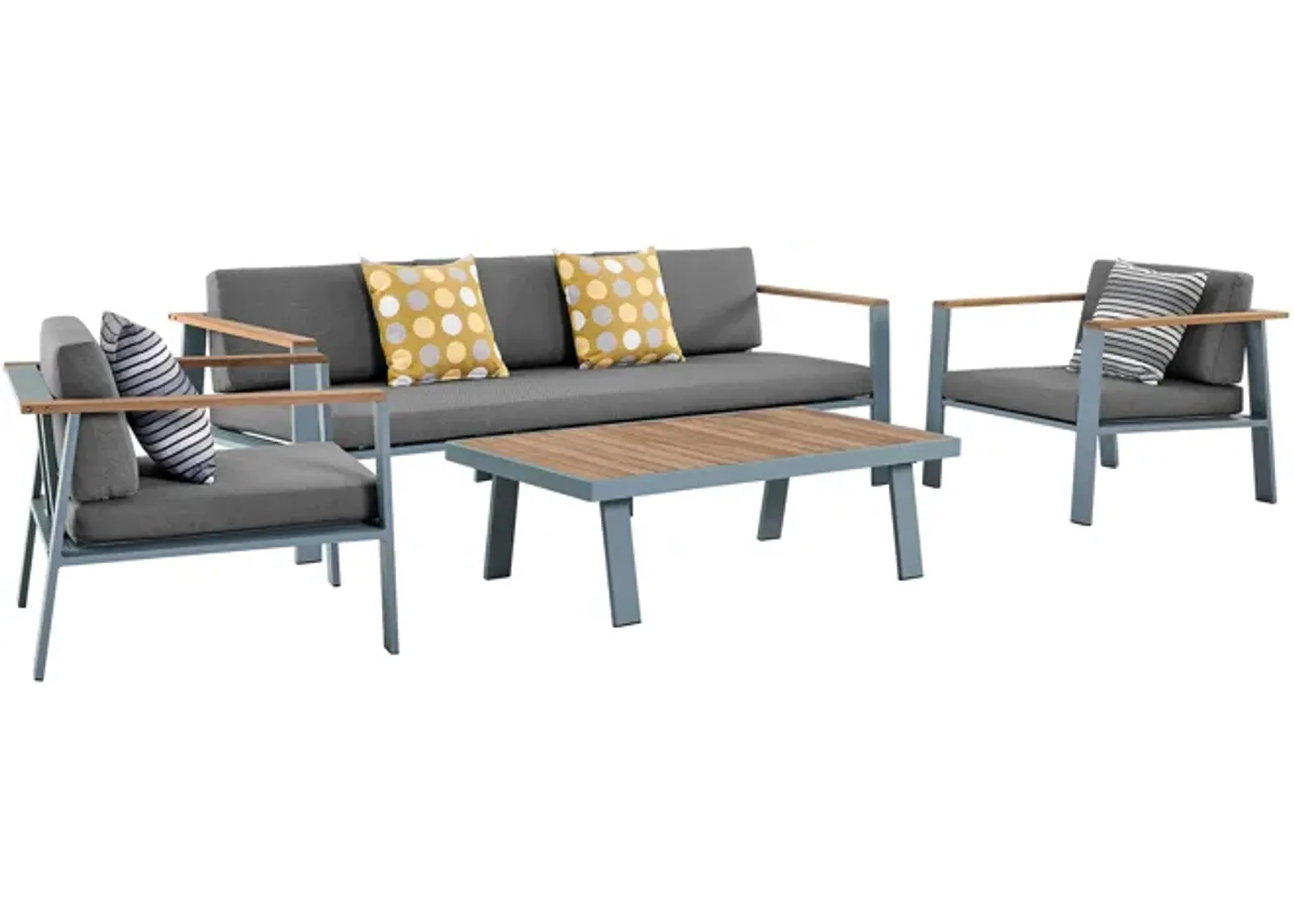 Nofi 4 piece Outdoor Patio Set in Gray Finish with Gray Cushions and Teak Wood 