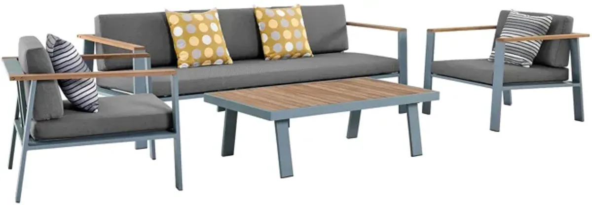 Nofi 4 piece Outdoor Patio Set in Gray Finish with Gray Cushions and Teak Wood 