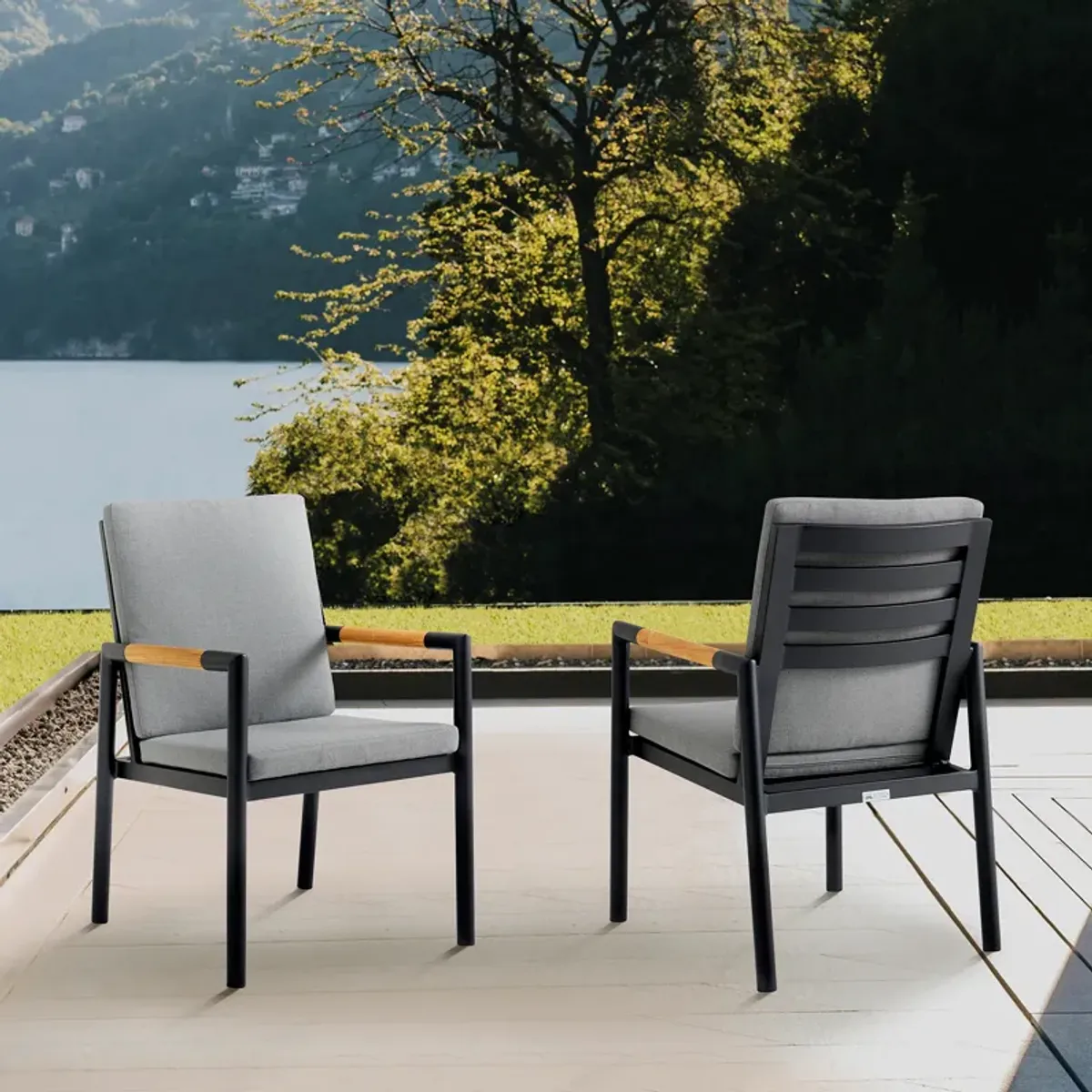 Crown Black Aluminum and Teak Outdoor Dining Chair with Dark Gray Fabric - Set of 2