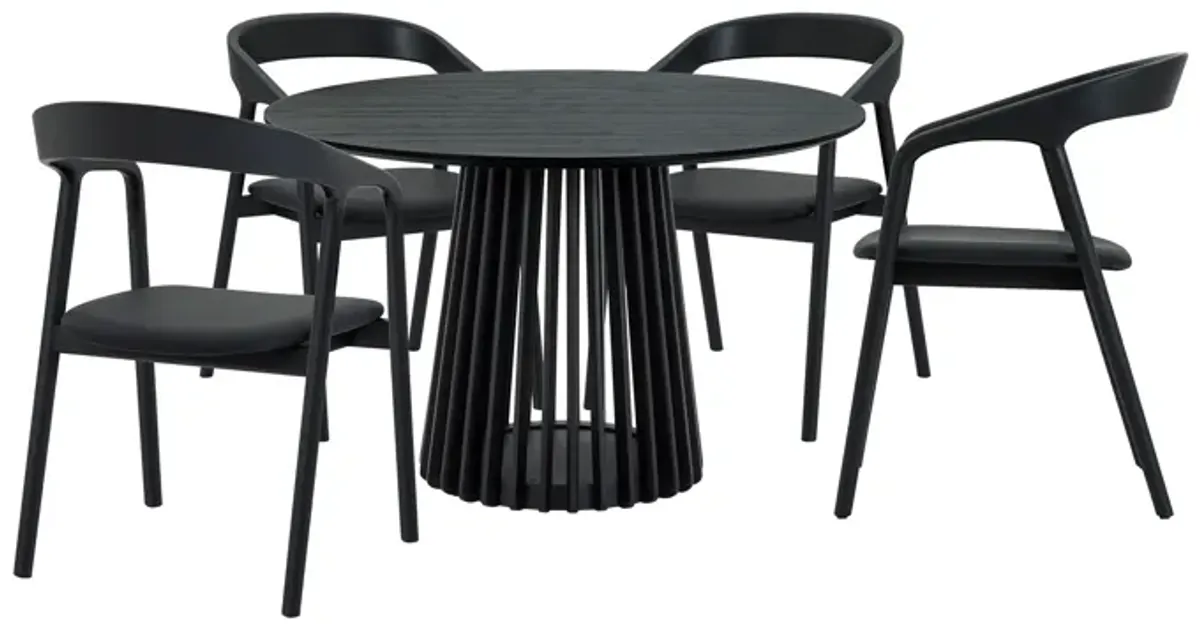 Pasadena Apache 5 Piece Round Dining Set in Black Oak Finish with Black Faux Leather 