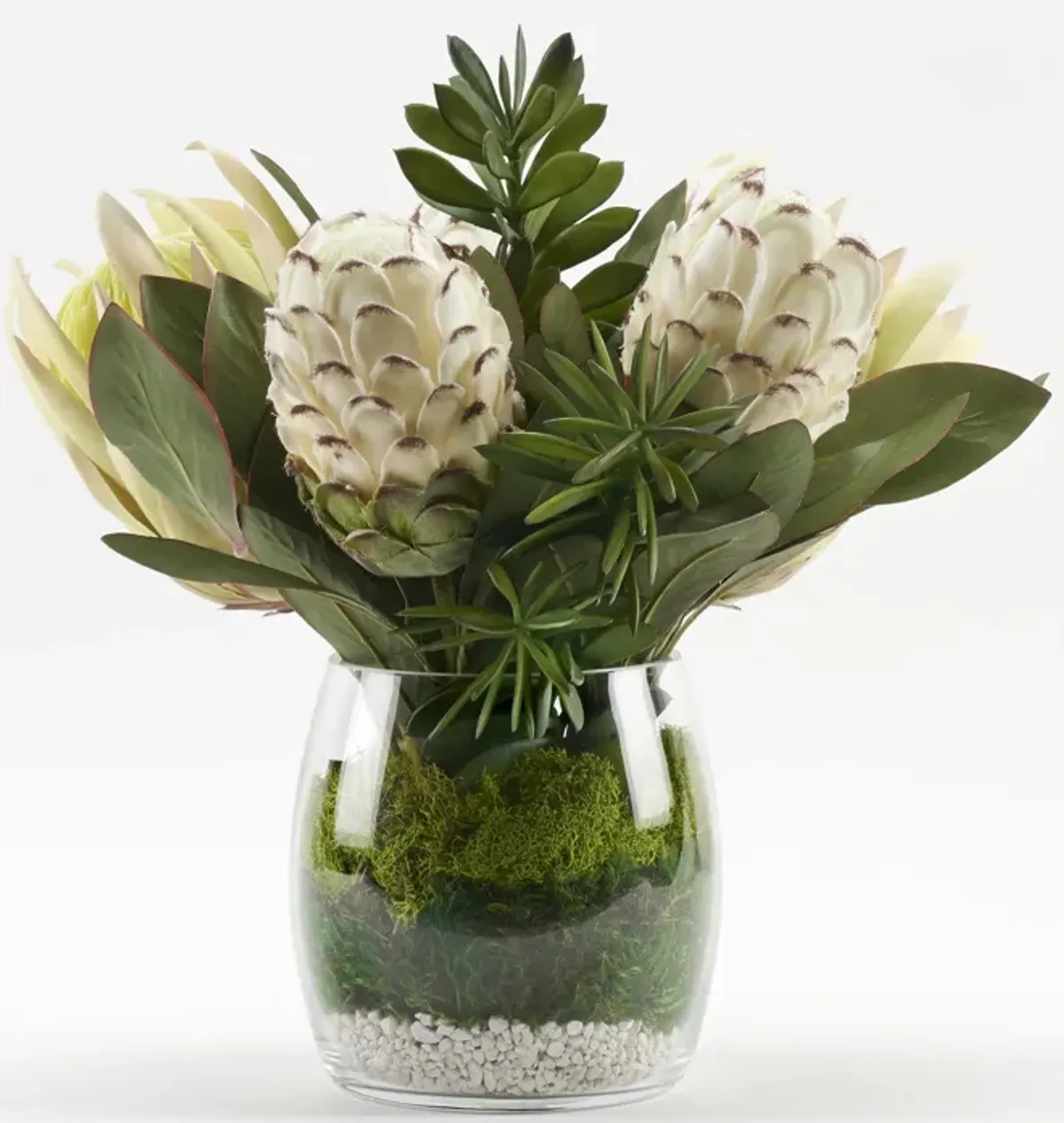 White Proteas with Jade Plants in Glass Vase