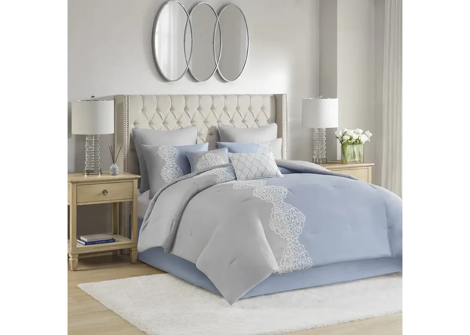 Madison Park Panache Blue 8 Piece Embroidered Microfiber Comforter Set