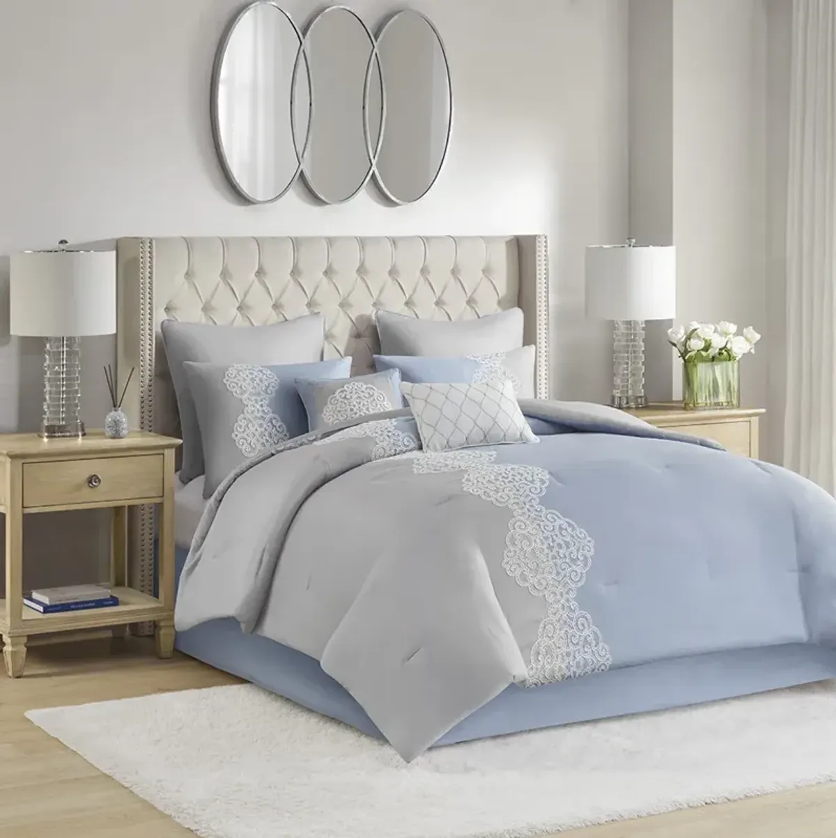 Madison Park Panache Blue 8 Piece Embroidered Microfiber Comforter Set