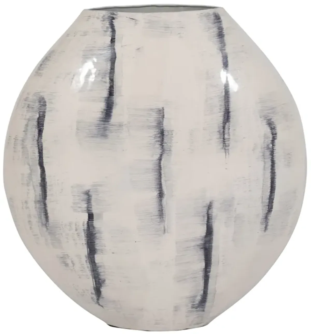 Metal, 20" Enameled Round Vase, Distressed White