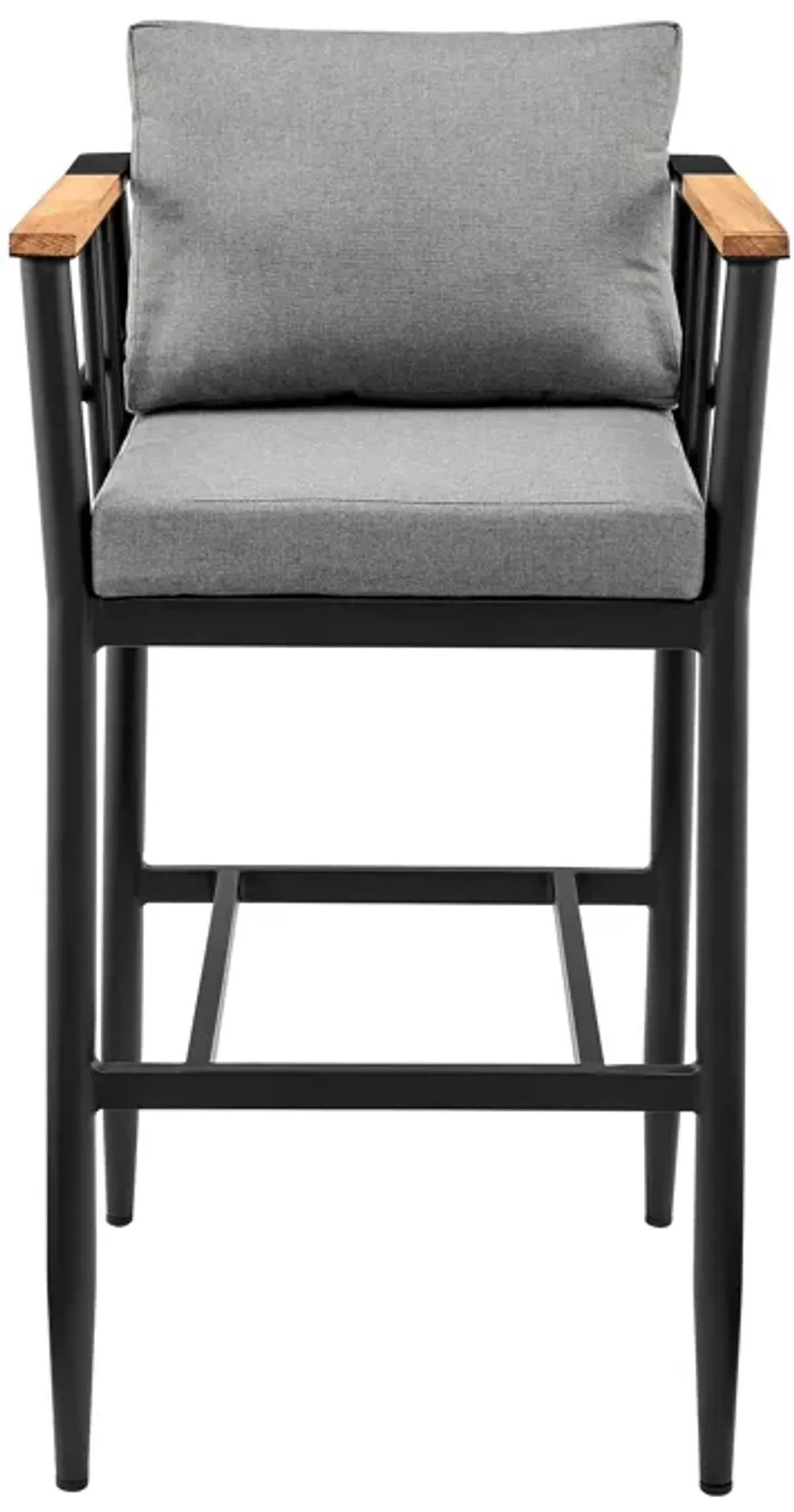 Wiglaf Outdoor Patio Counter Height Bar Stool in Aluminum and Teak with Gray Cushions