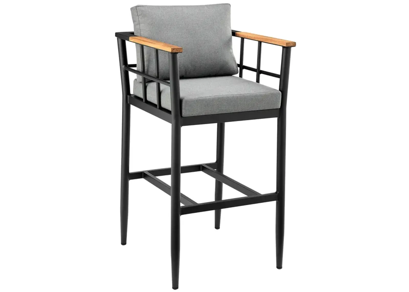 Wiglaf Outdoor Patio Counter Height Bar Stool in Aluminum and Teak with Gray Cushions