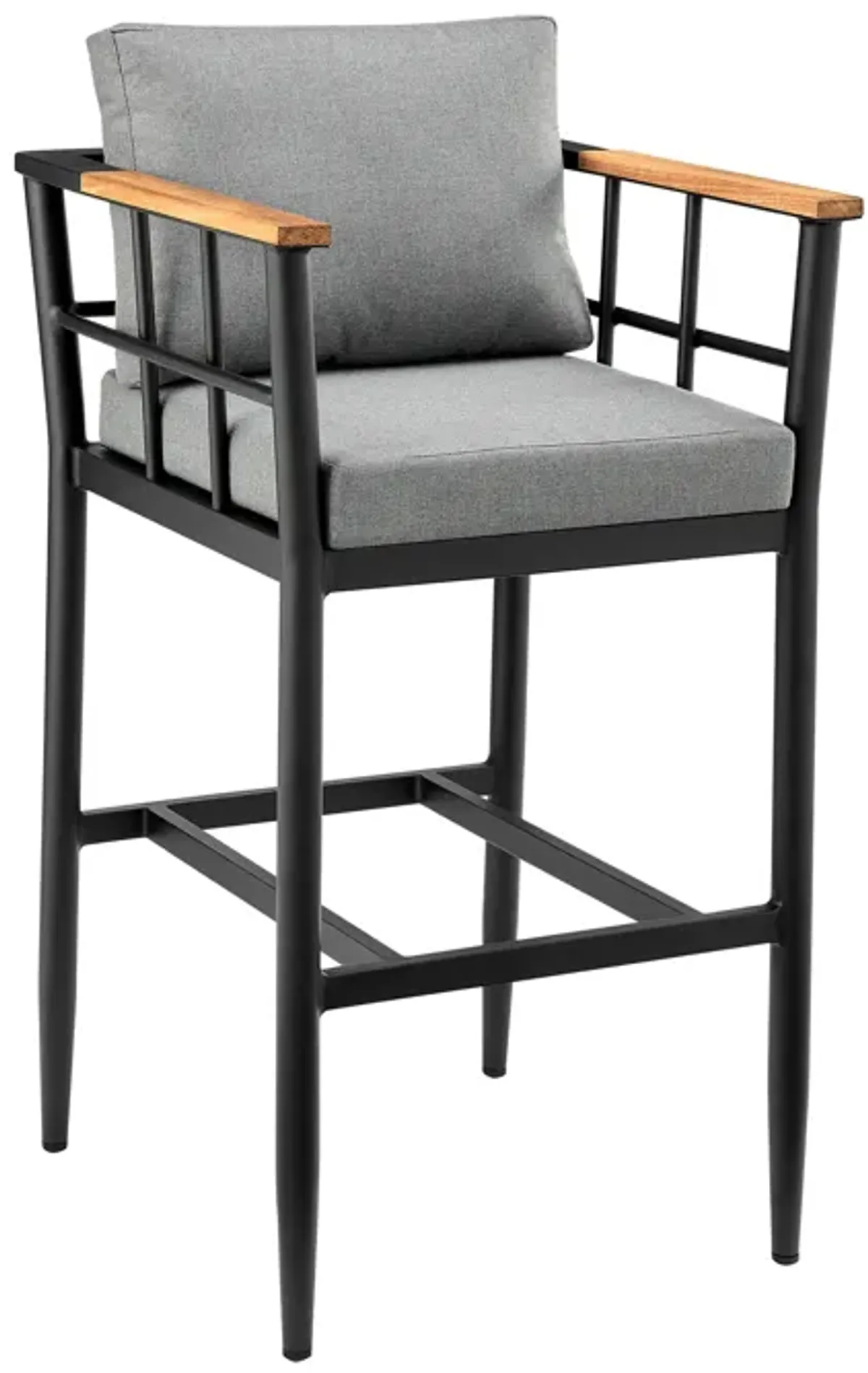 Wiglaf Outdoor Patio Counter Height Bar Stool in Aluminum and Teak with Gray Cushions