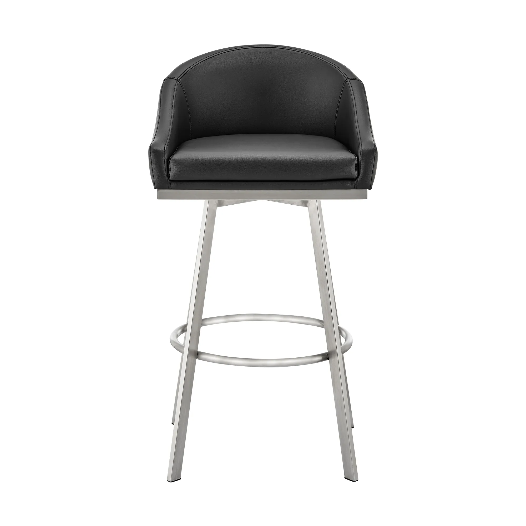 Noran Swivel Counter Stool in Brushed Stainless Steel and Black Faux Leather