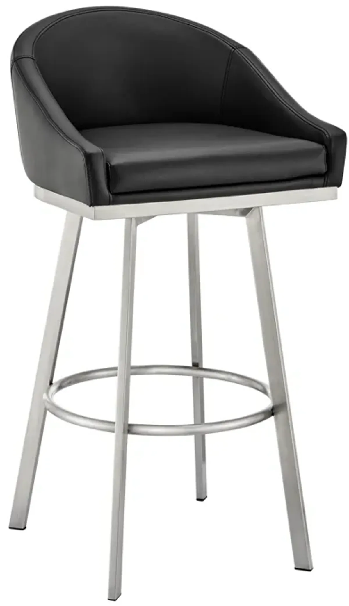 Noran Swivel Counter Stool in Brushed Stainless Steel and Black Faux Leather