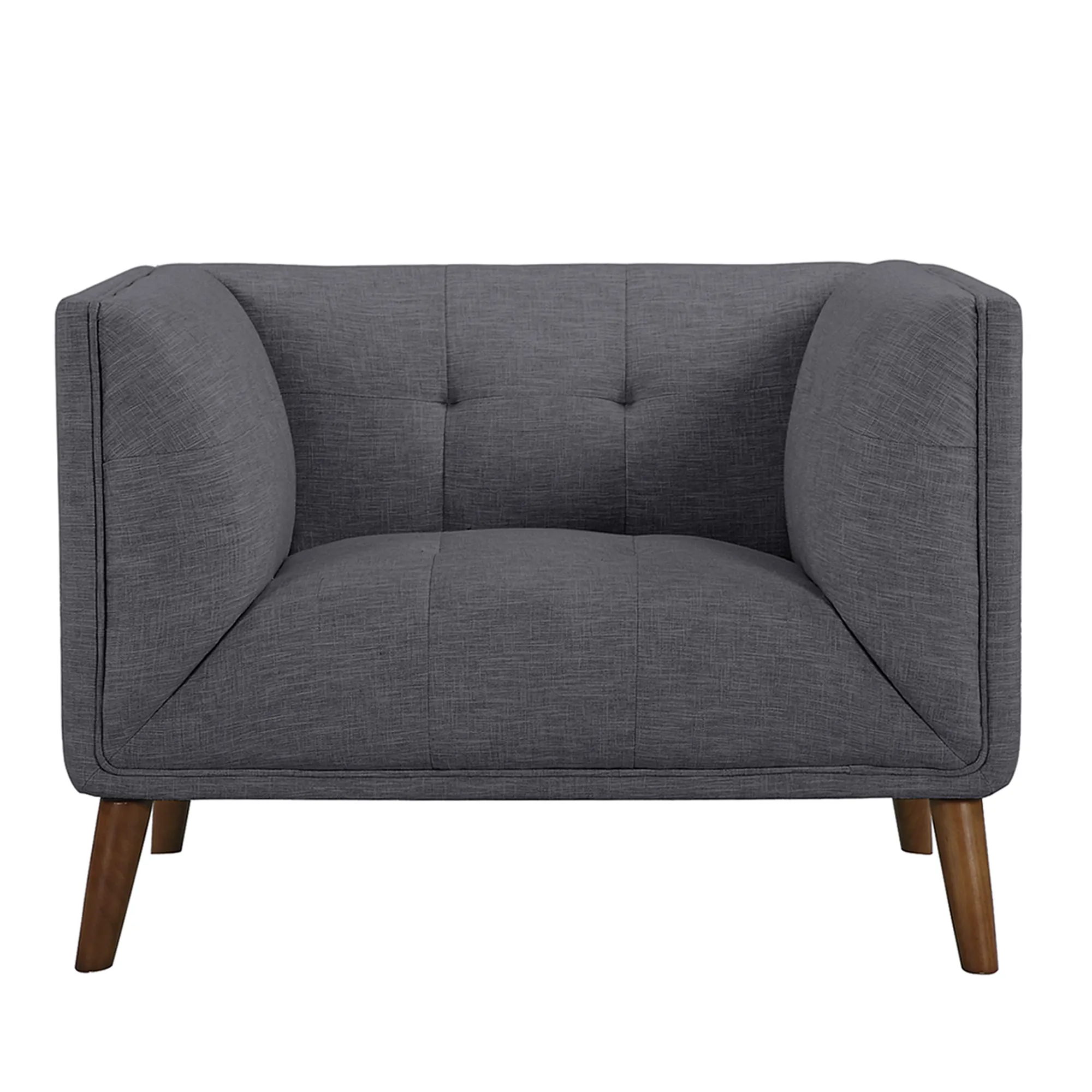 Hudson Mid-Century Button-Tufted Chair in Dark Gray Linen and Walnut Legs