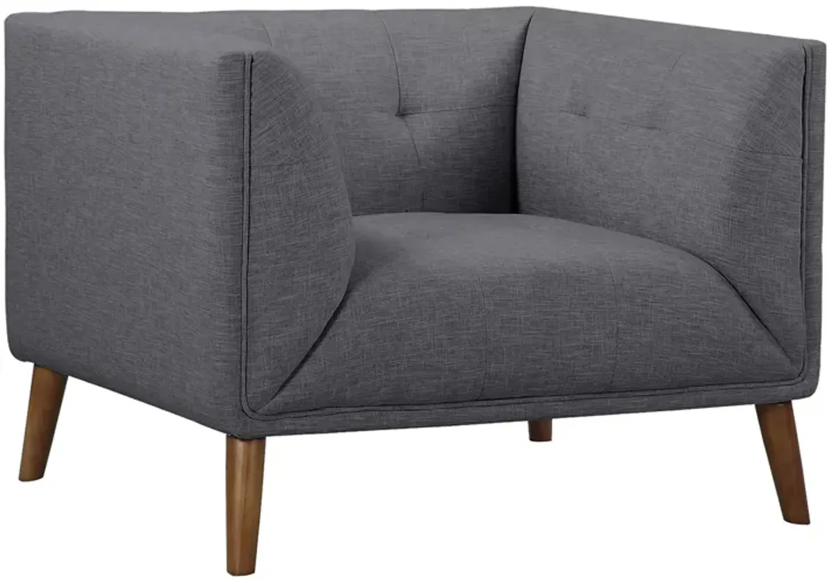 Hudson Mid-Century Button-Tufted Chair in Dark Gray Linen and Walnut Legs