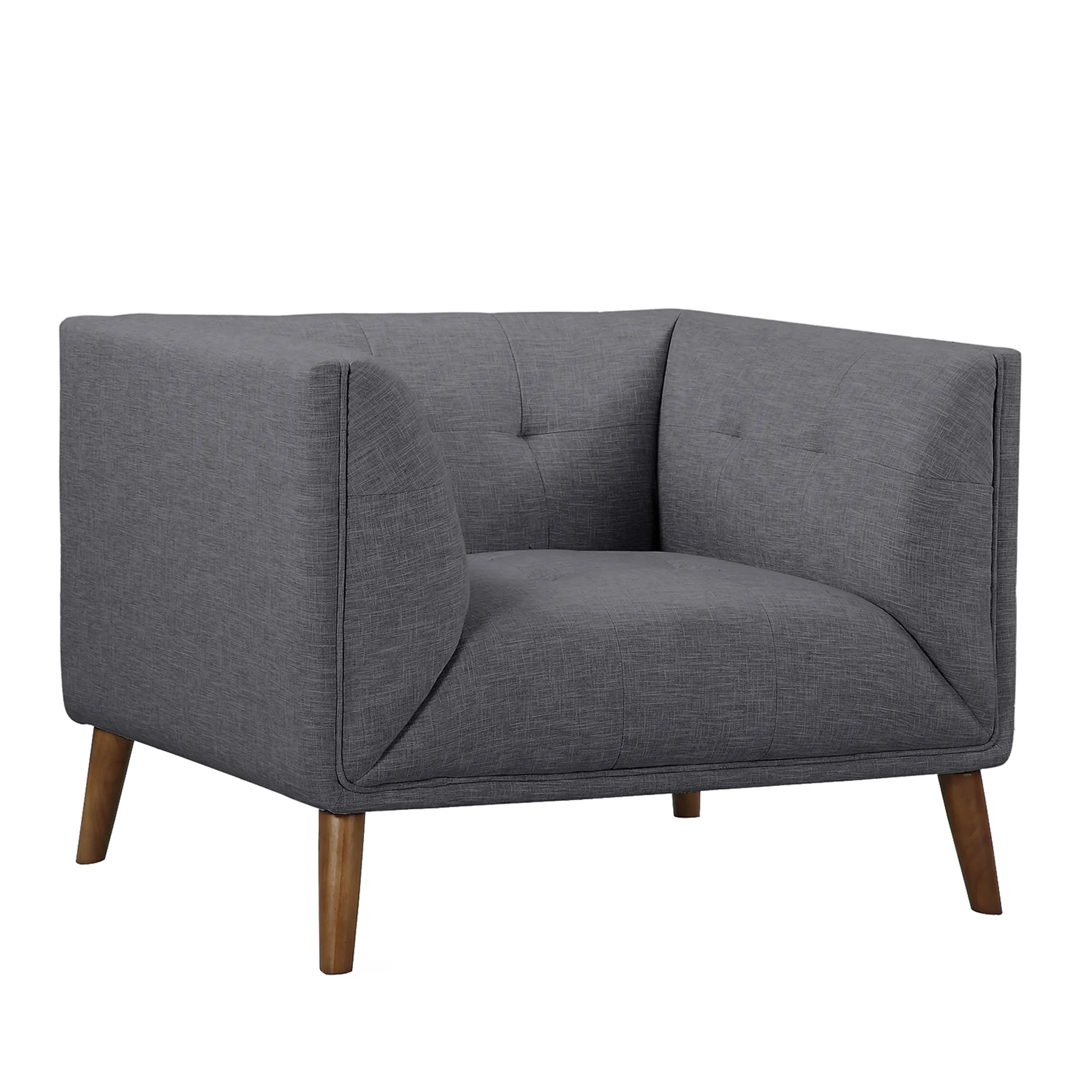 Hudson Mid-Century Button-Tufted Chair in Dark Gray Linen and Walnut Legs