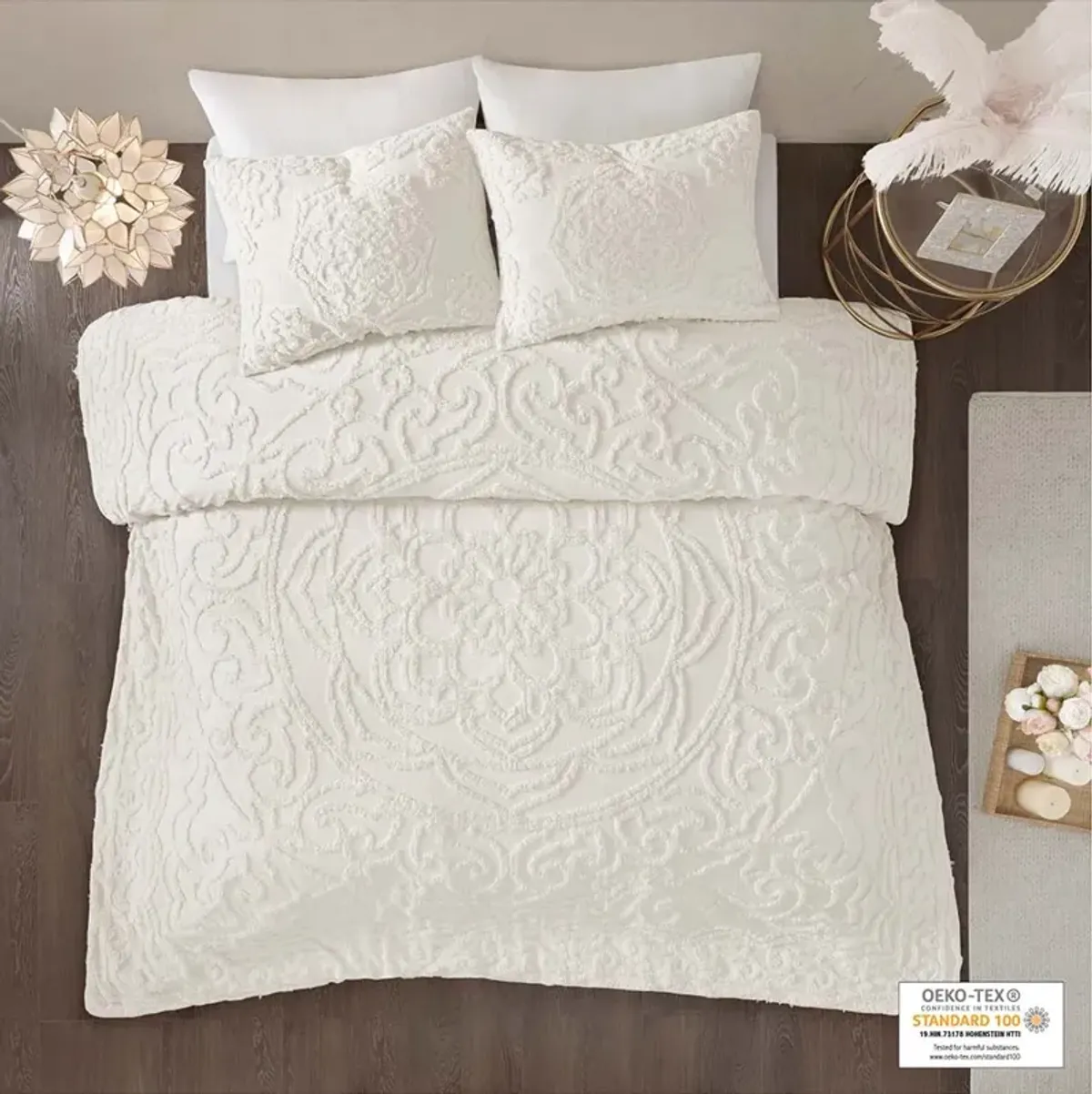 Madison Park Laetitia Off-White 3-Piece Tufted Cotton Chenille Medallion Duvet Cover Set