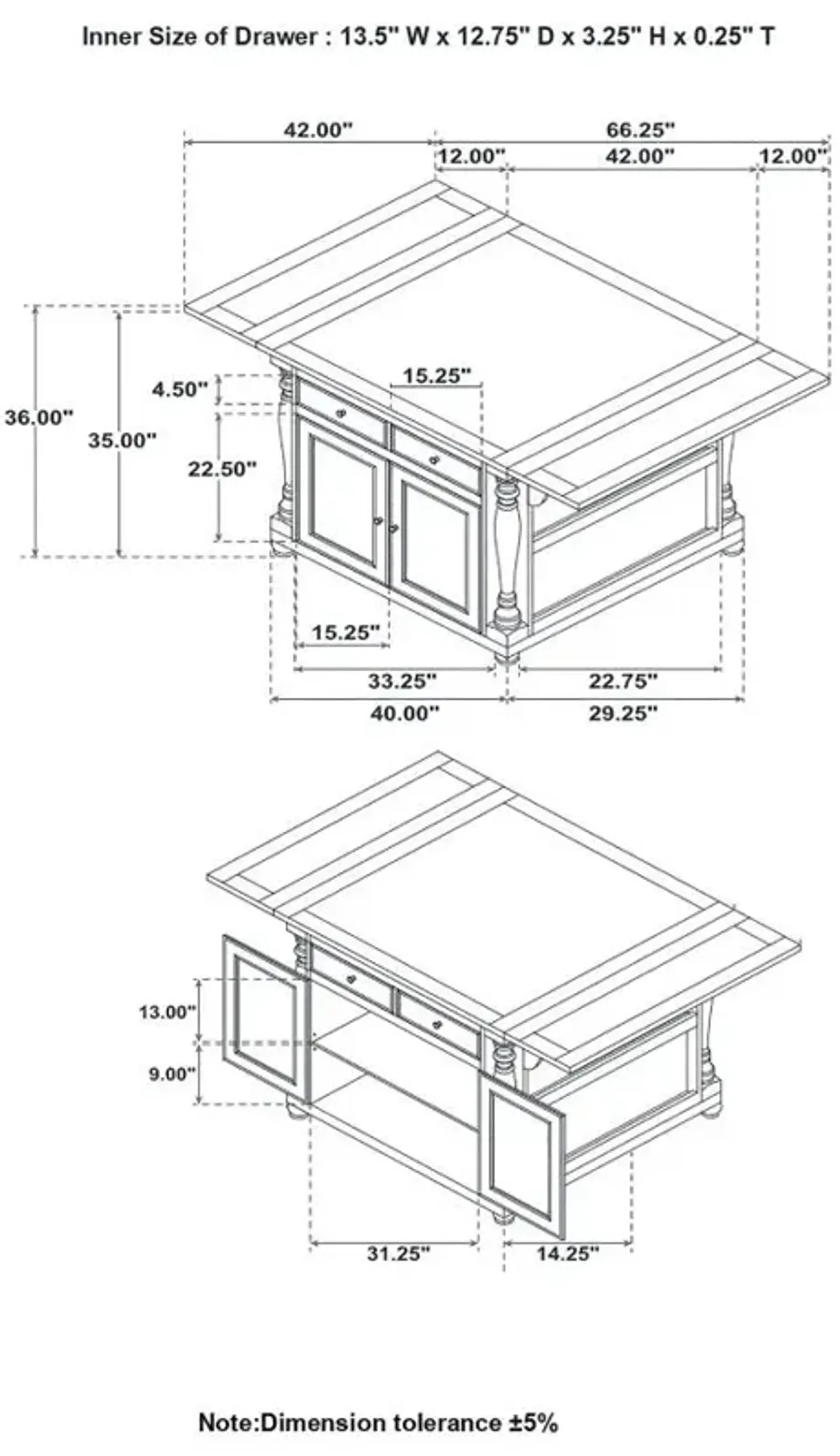 Slater 2-Drawer Kitchen Island with Drop Leaves