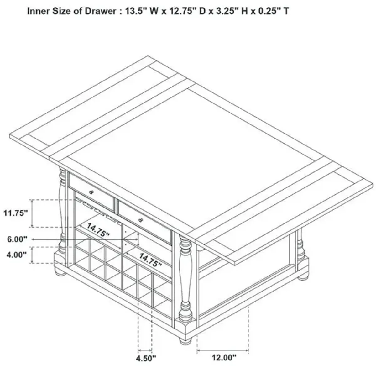 Slater 2-Drawer Kitchen Island with Drop Leaves