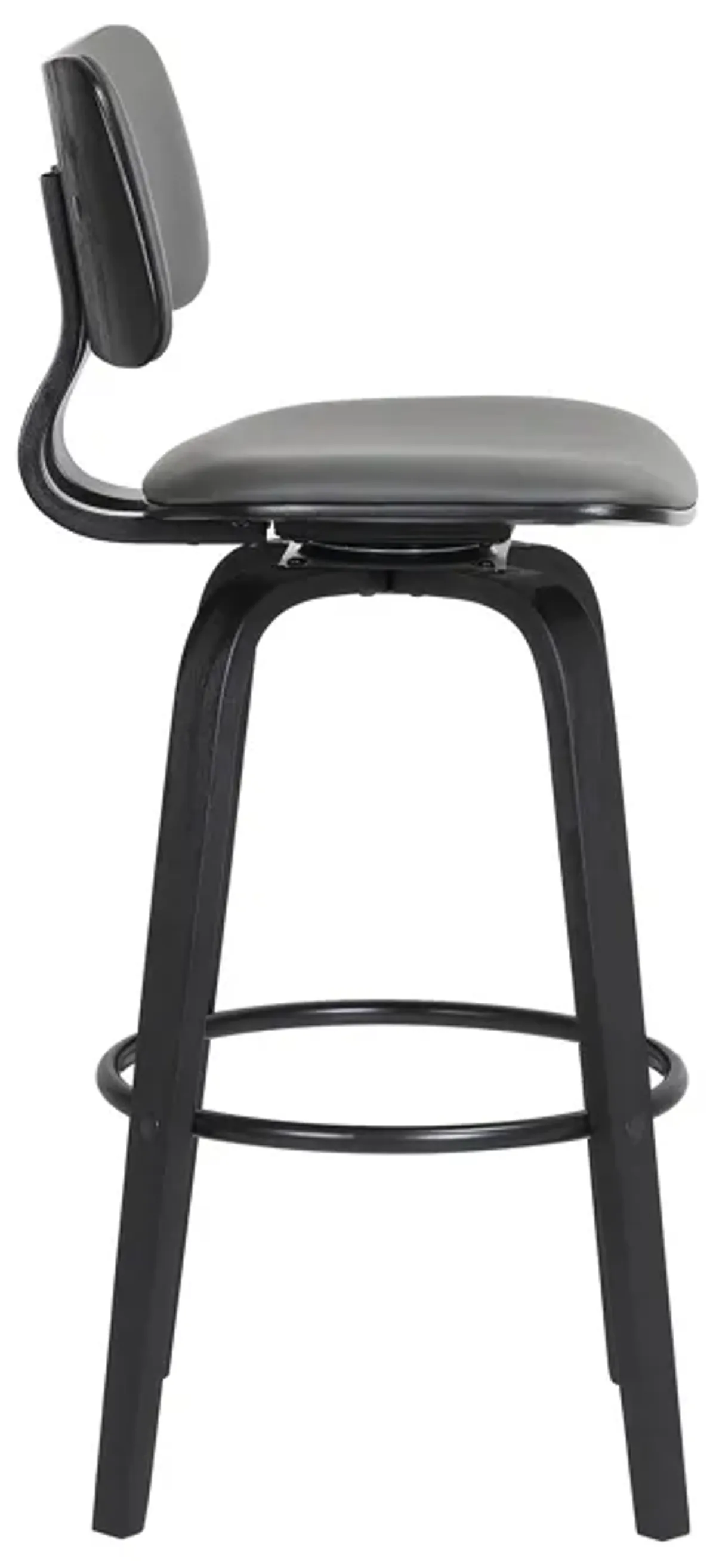 Pico 30" Swivel Black Wood Bar Stool in Gray Faux Leather with Black Metal