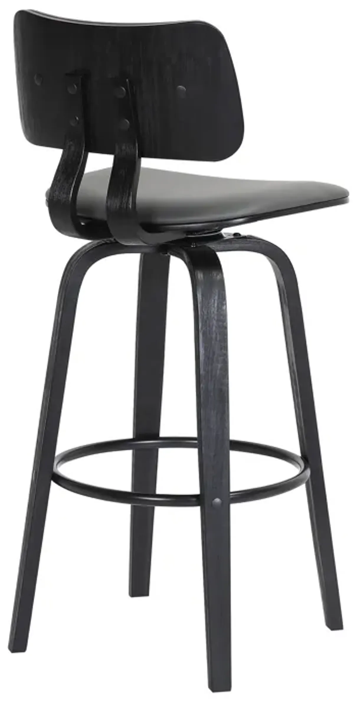 Pico 30" Swivel Black Wood Bar Stool in Gray Faux Leather with Black Metal